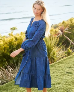 Indigo Cove Embroidered Midi Dress