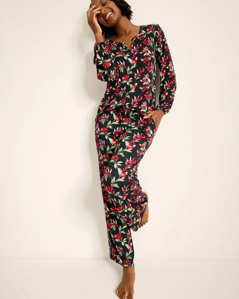 Jersey Split-Neck Long Sleeve & Pants Pajama Set