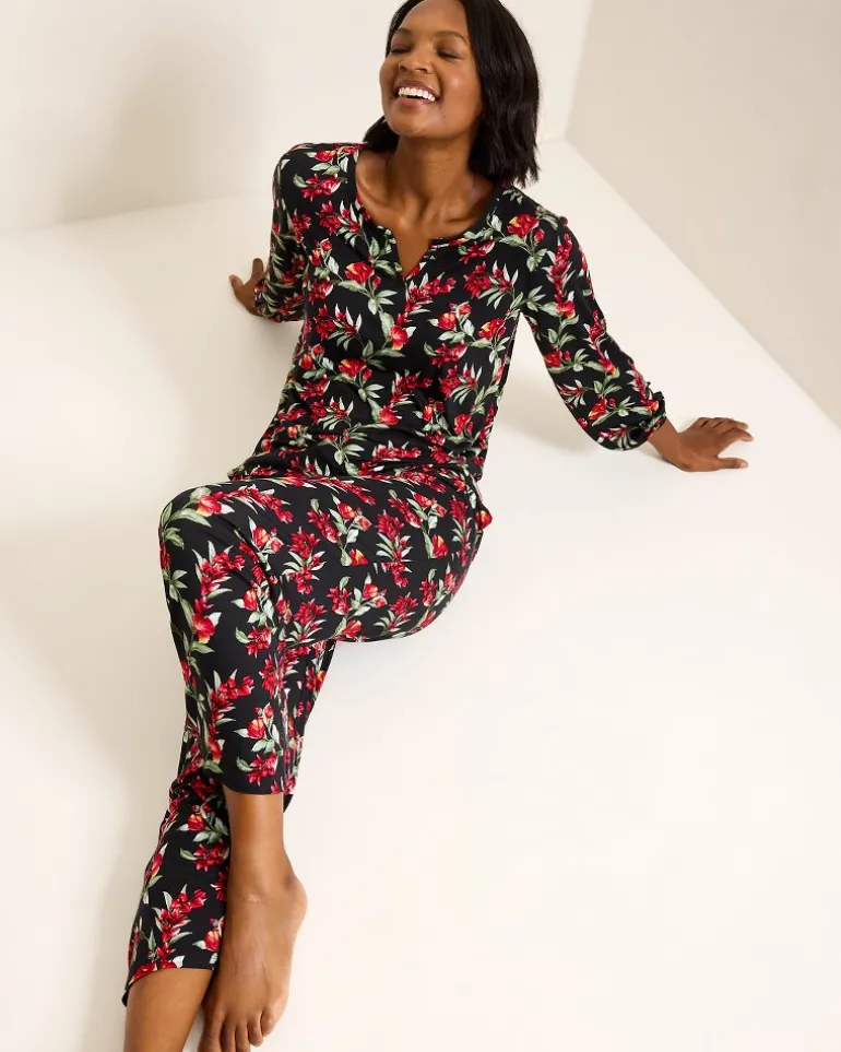 Jersey Split-Neck Long Sleeve & Pants Pajama Set