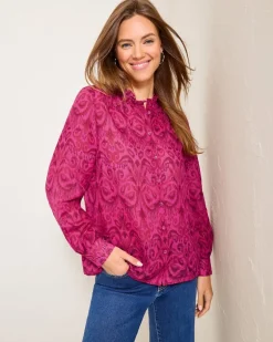 Seaside Ikat Long-Sleeve Ruffle-Neck Top