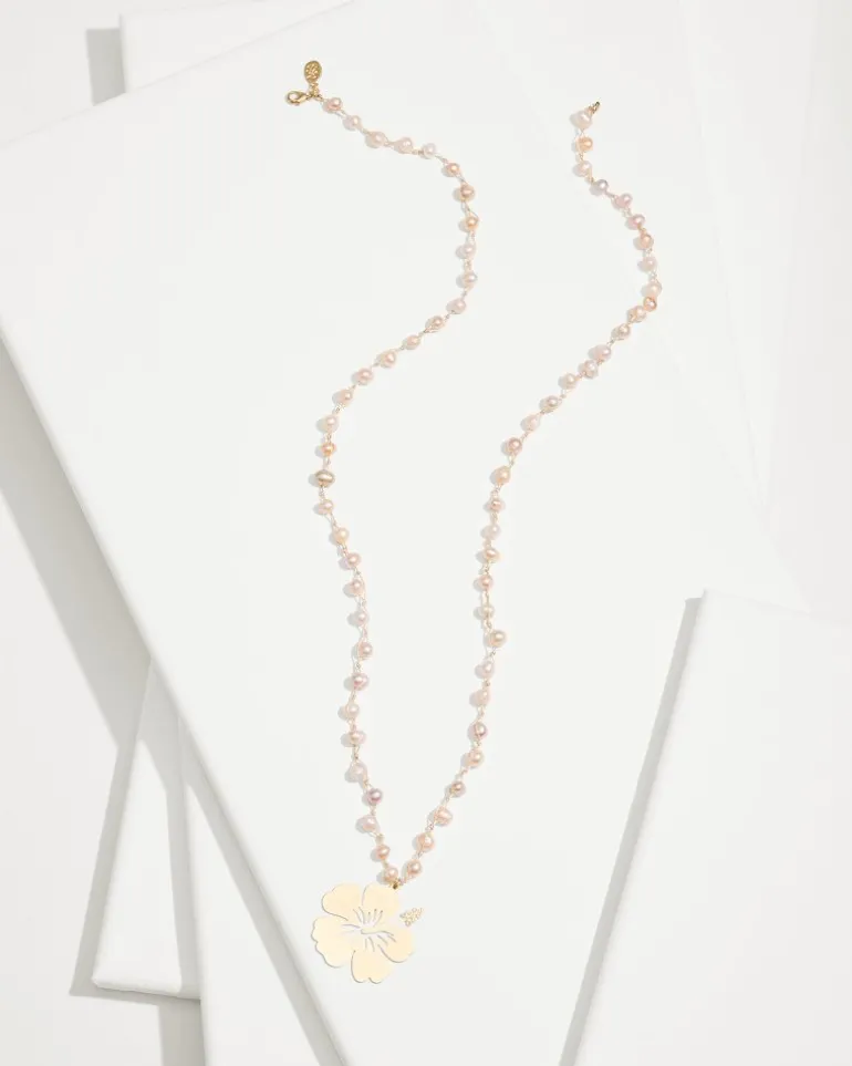 Tropical Blooms Hibiscus Pendant Pearl Necklace