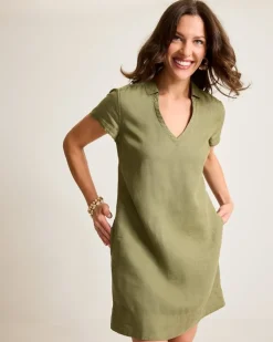 Two Palms Short-Sleeve Linen Collared Dress